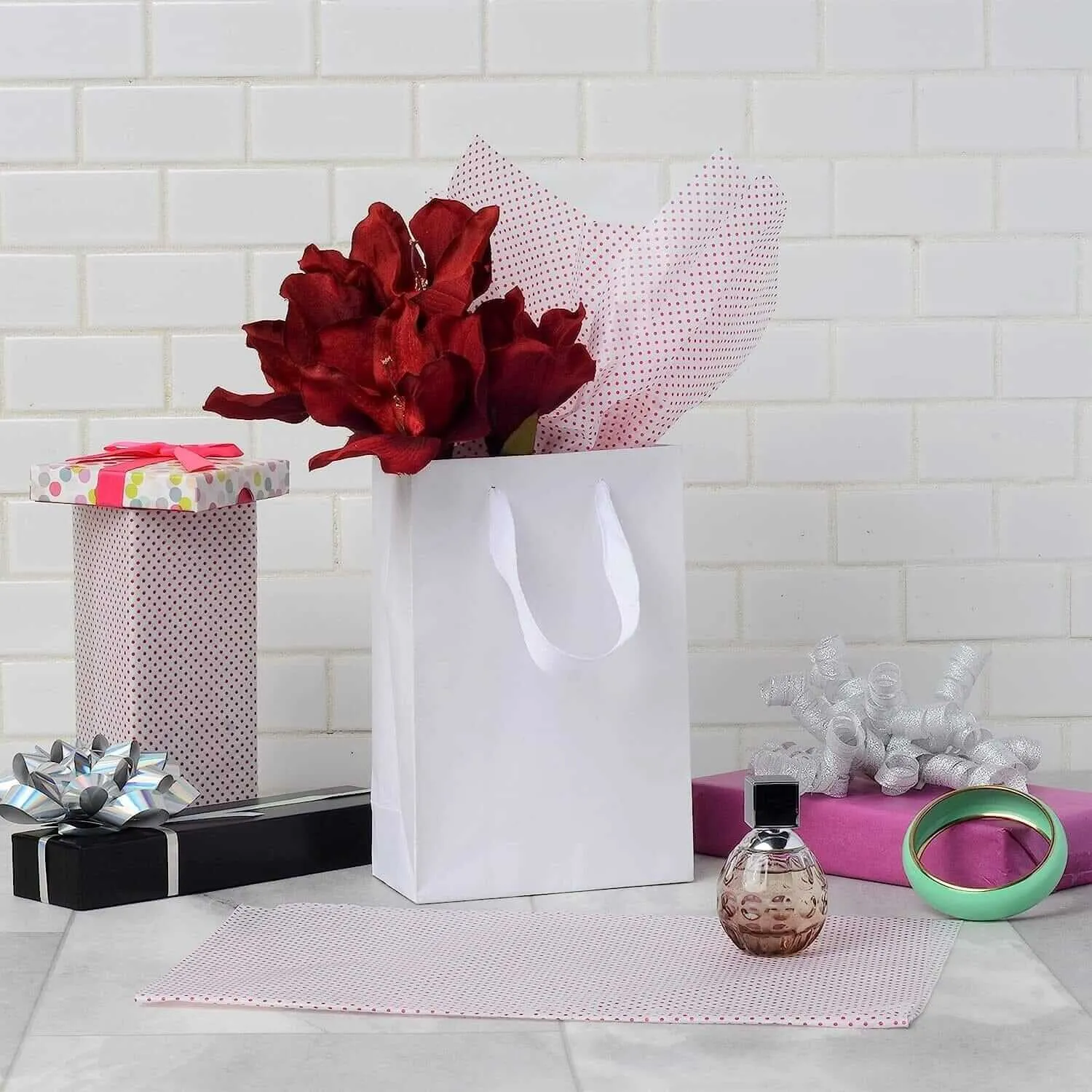 6x3x9 Extra Small White Paper Bags with Ribbon Handles