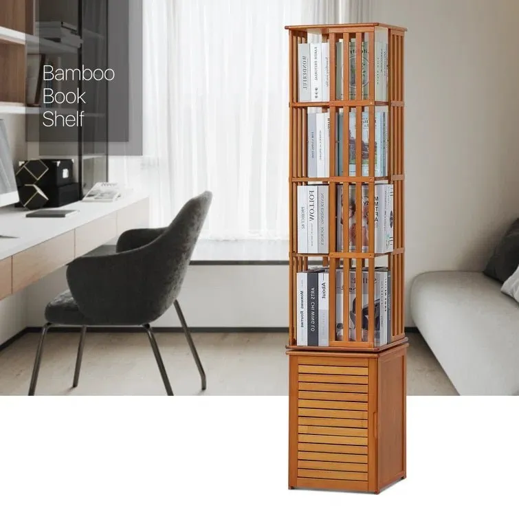 Bamboo 6 Tiers Open Bookcase with Door, Spinning Bookshelf Display Rack for Home