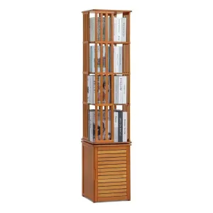 Bamboo 6 Tiers Open Bookcase with Door, Spinning Bookshelf Display Rack for Home