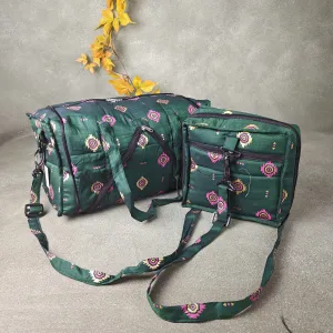 Expandable Travel Bag Dark Green Colour with Gold and Pink Round Design.