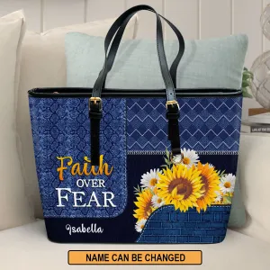 Faith Over Fear Sunflower Personalized Large Leather Tote Bag - Christian Gifts For Women