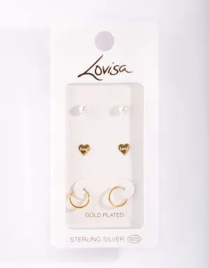 Gold Plated Sterling Silver Love Hoop Stud Earring Pack