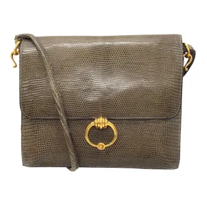 Hermes Vintage Olive Green Lizard Skin Leather Flap Shoulder Bag