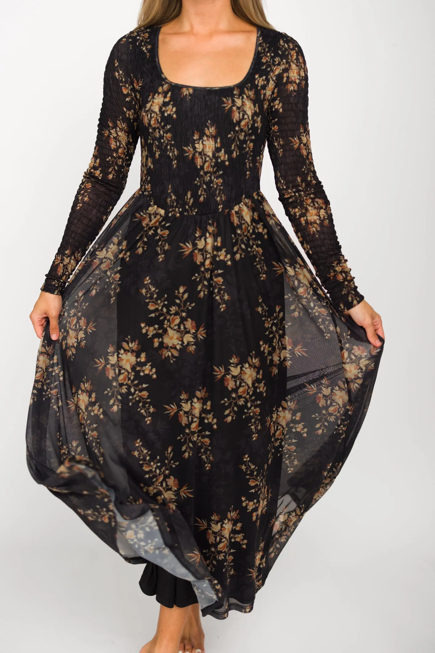 Honor Floral Smocked Woven Maxi Dress in Black - Bump Friendly