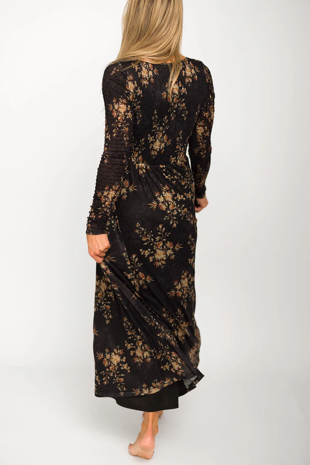 Honor Floral Smocked Woven Maxi Dress in Black - Bump Friendly