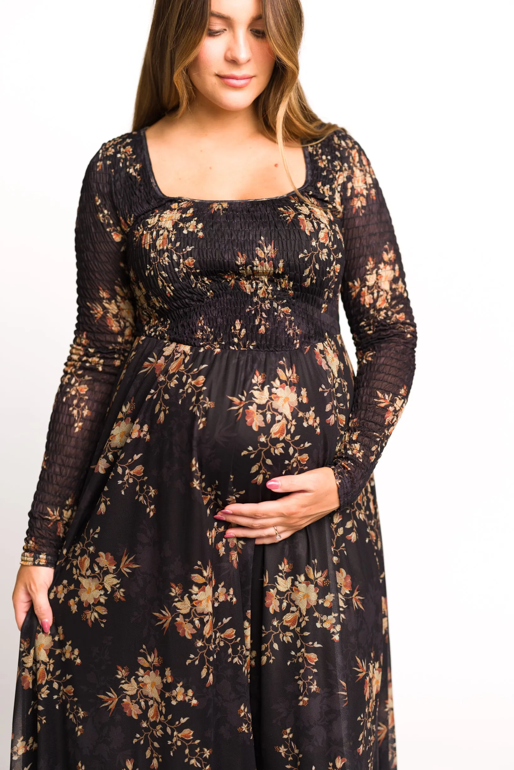 Honor Floral Smocked Woven Maxi Dress in Black - Bump Friendly