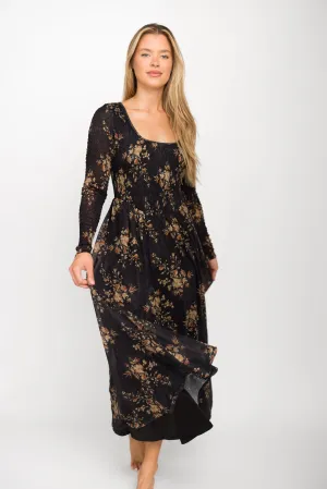 Honor Floral Smocked Woven Maxi Dress in Black - Bump Friendly