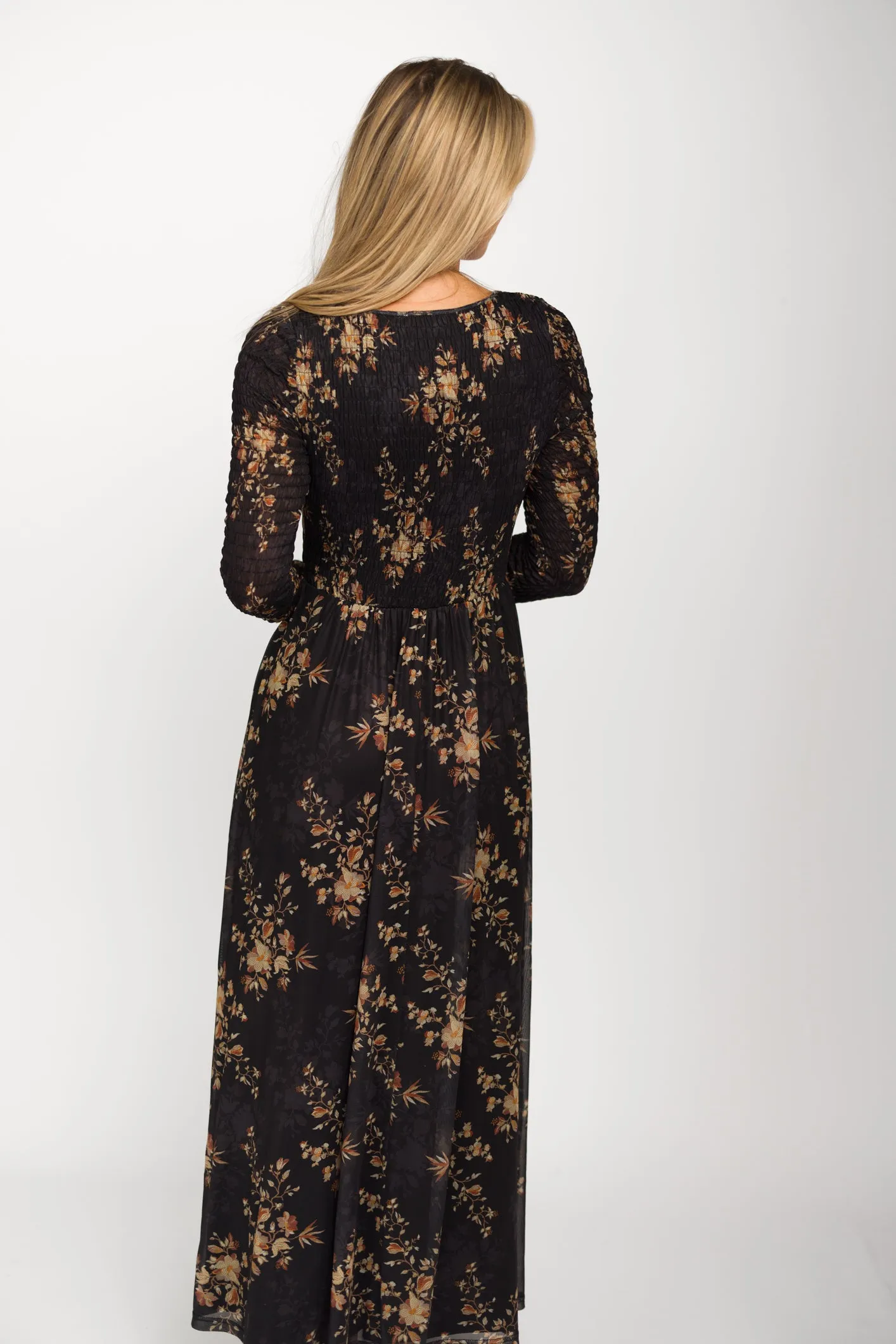 Honor Floral Smocked Woven Maxi Dress in Black - Bump Friendly