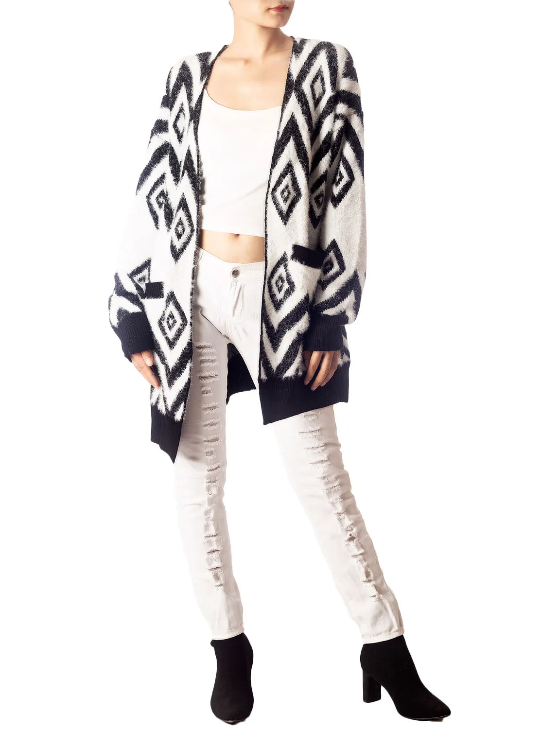 iB-iP Women's Patterned Sweater Loose Oversized Casual Long Sleeve Cardigan