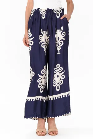 Kestrel Navy Abstract Silk Blend Pants