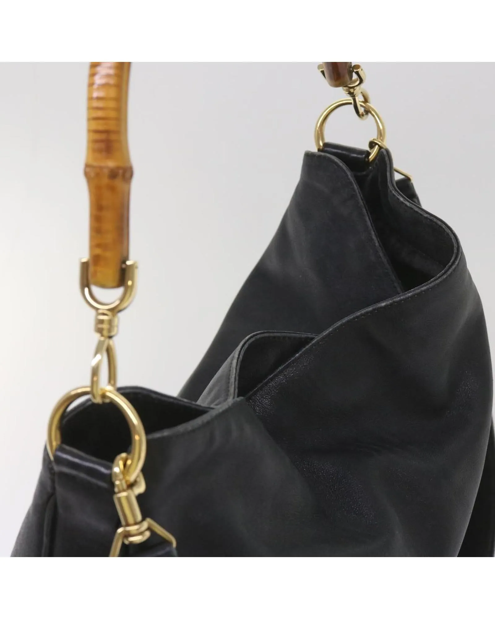 Leather Bamboo Shoulder Bag 2way in Black