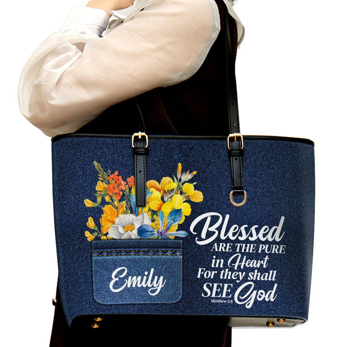 Personalized Large Leather Tote Bag Faith Blessed Are The Pure In Heart Matthew 58 - Spiritual Gifts For Christian Women