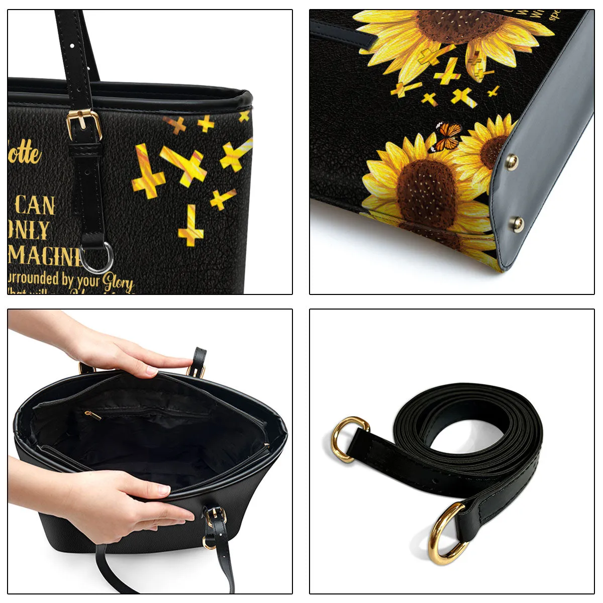 Personalized Large Leather Tote Bag I Can Only Imagine Sunflower And Cross - Spiritual Gifts For Christian Women