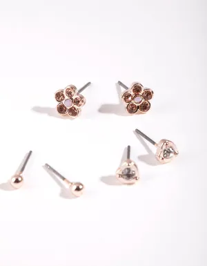 Rose Gold Floral Diamante Earring Pack