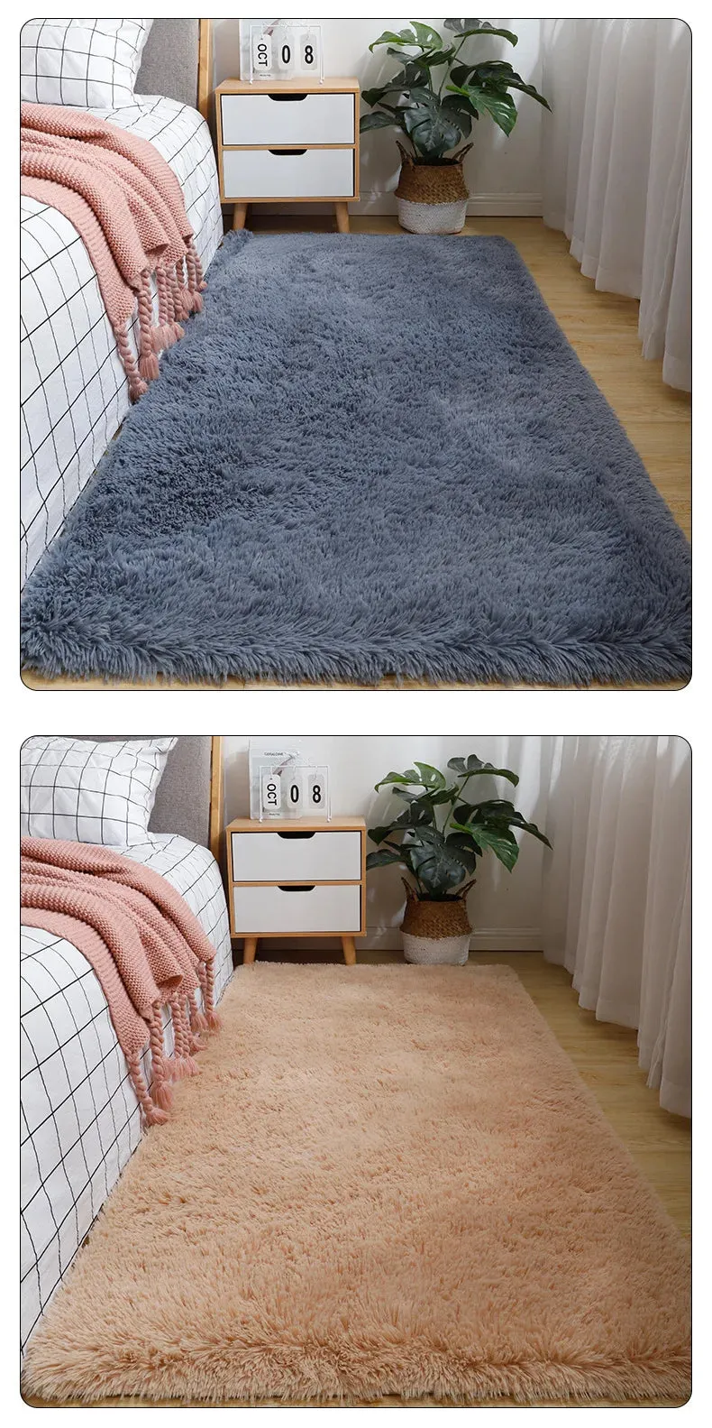 Solid Color Silk Wool Bedside Blanket for Girls Ins Bedroom Plush Carpet Silicone Non Slip Bottom Living Room Carpet  Cute Rug