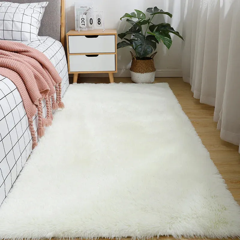 Solid Color Silk Wool Bedside Blanket for Girls Ins Bedroom Plush Carpet Silicone Non Slip Bottom Living Room Carpet  Cute Rug