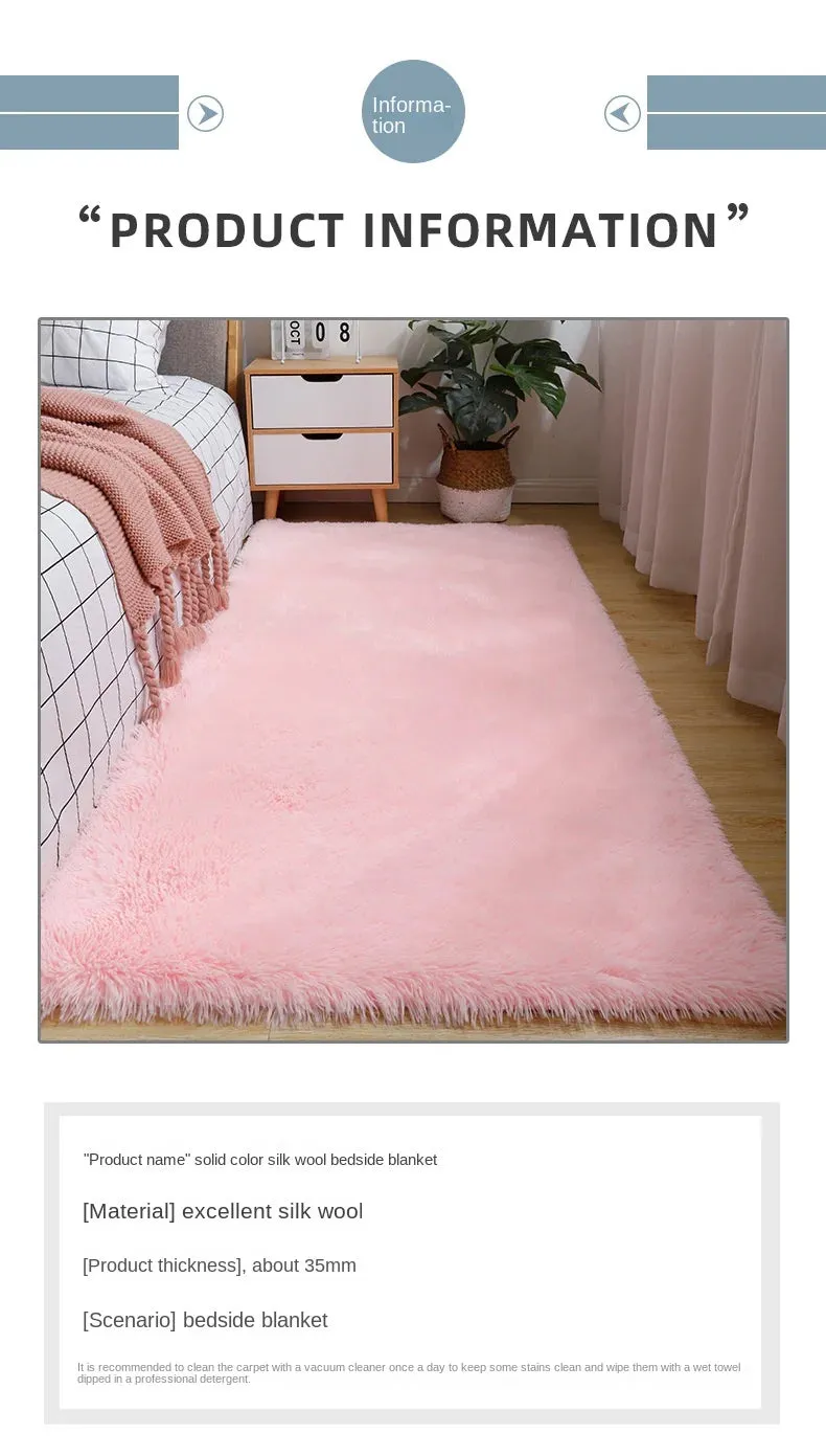 Solid Color Silk Wool Bedside Blanket for Girls Ins Bedroom Plush Carpet Silicone Non Slip Bottom Living Room Carpet  Cute Rug