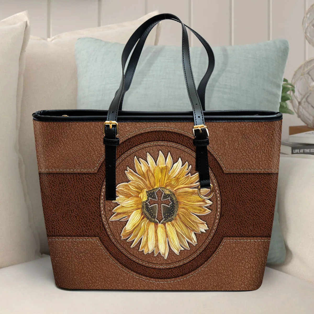 Sunflower Cross Large Leather Tote Bag - Christ Gifts For Religious Women - Best Mother's Day Gifts