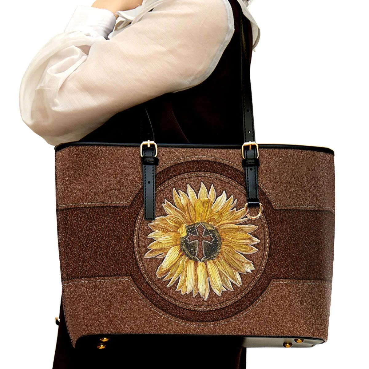 Sunflower Cross Large Leather Tote Bag - Christ Gifts For Religious Women - Best Mother's Day Gifts