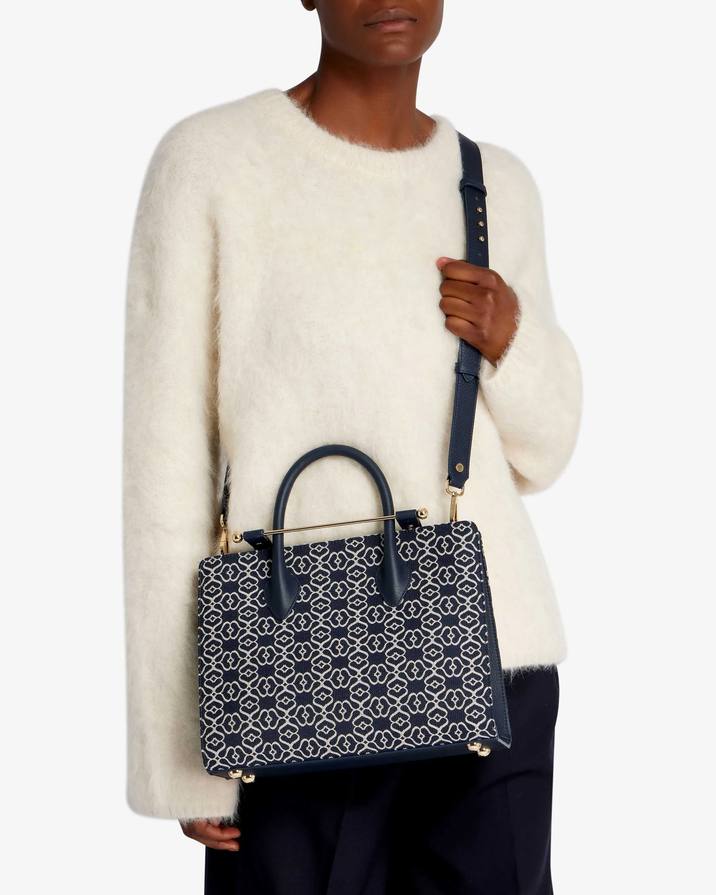 The Strathberry Midi Tote - Monogram Jacquard/Leather Dark Navy