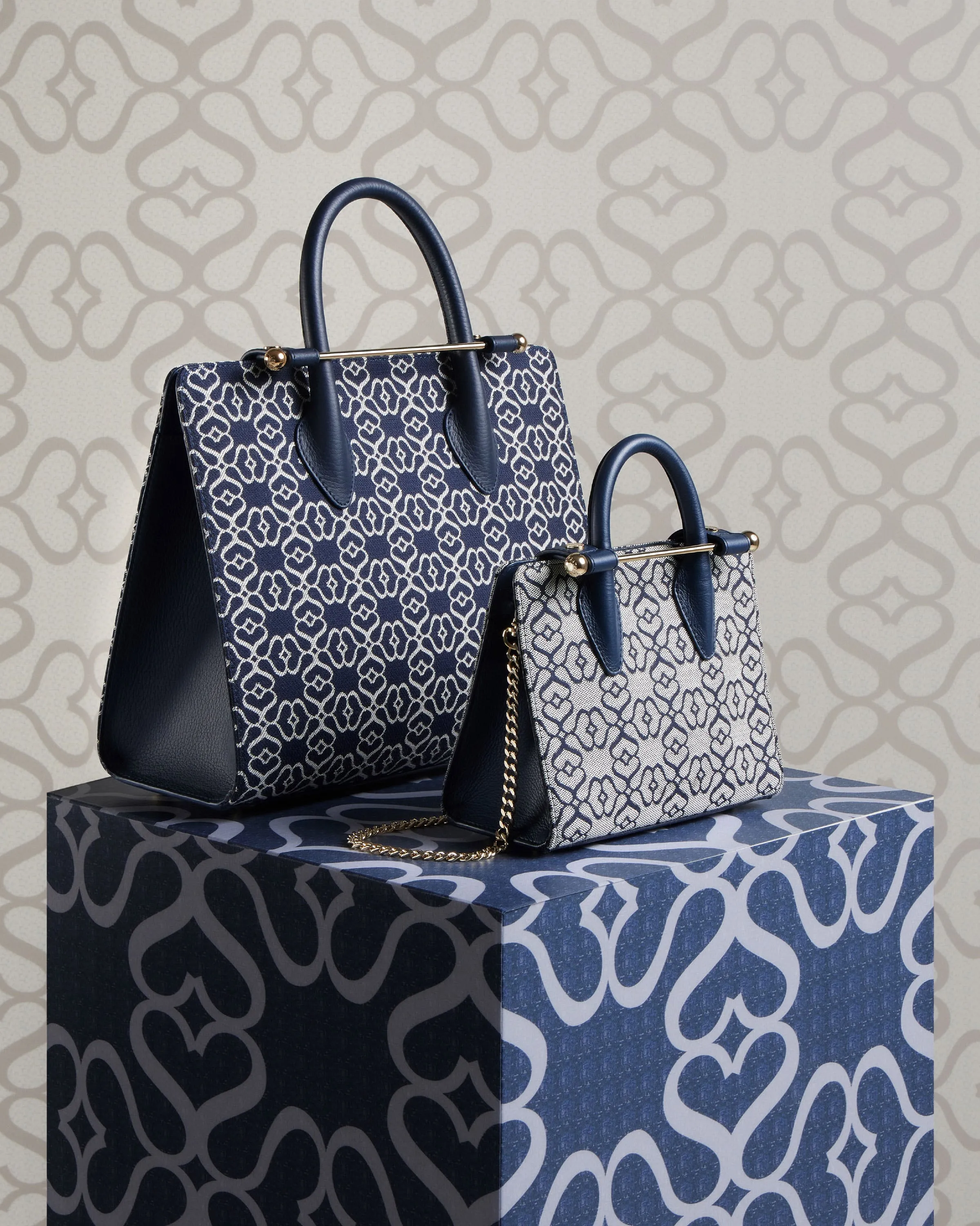 The Strathberry Midi Tote - Monogram Jacquard/Leather Dark Navy