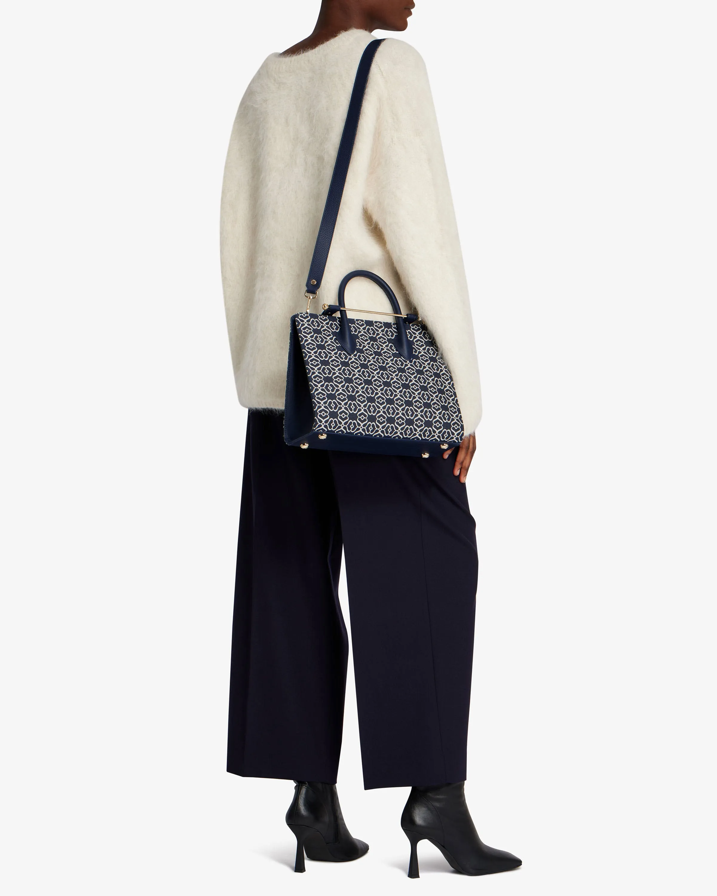 The Strathberry Midi Tote - Monogram Jacquard/Leather Dark Navy