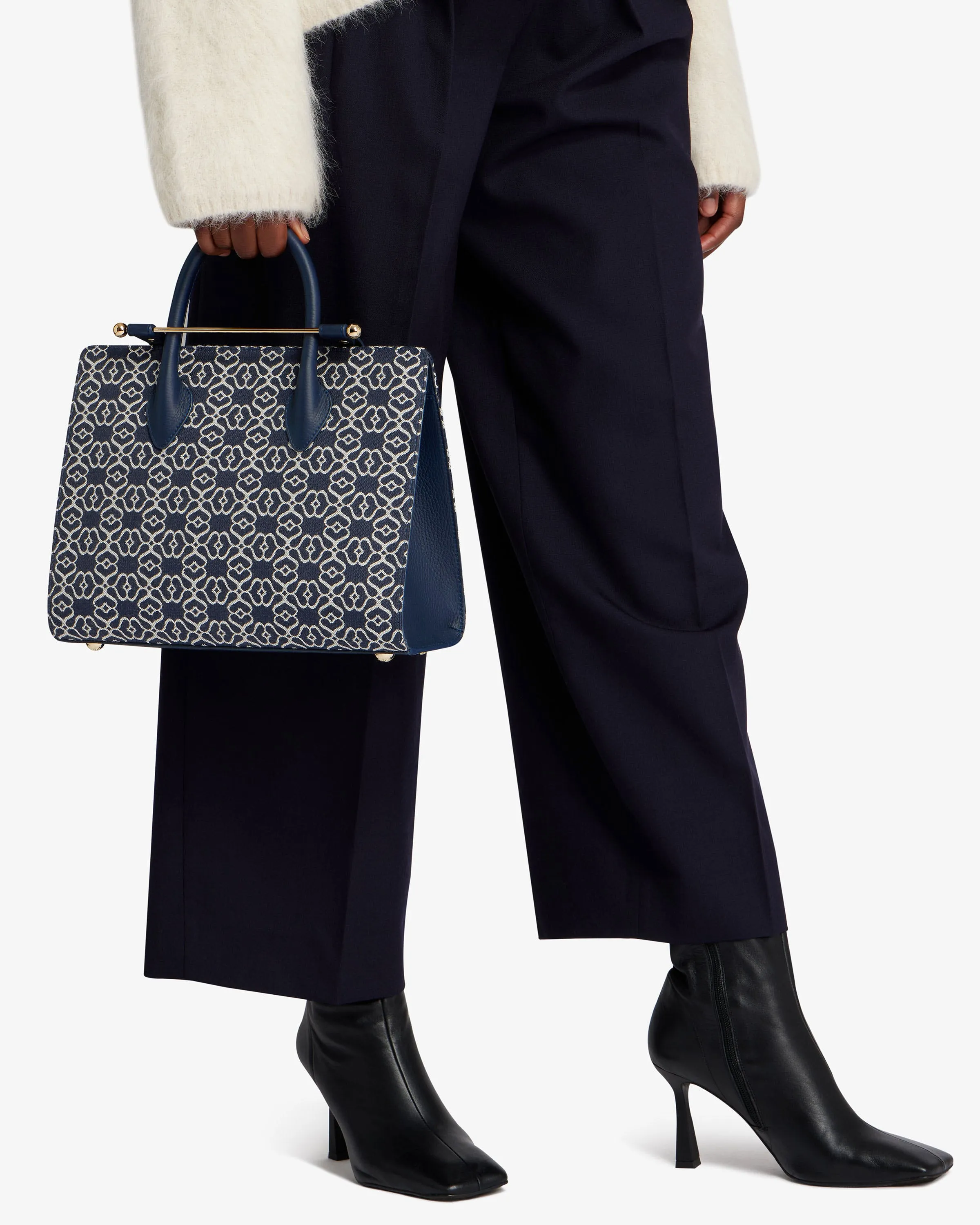 The Strathberry Midi Tote - Monogram Jacquard/Leather Dark Navy