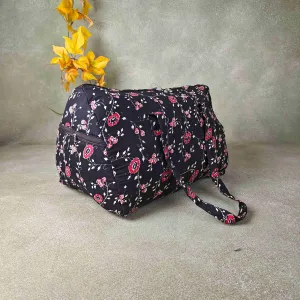 Weekender Travel Bag Black Colour with White with Red Flower Leaf Printed Design.