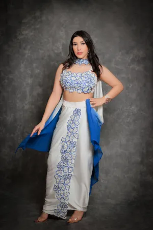 White & blue floral Dhoti Set