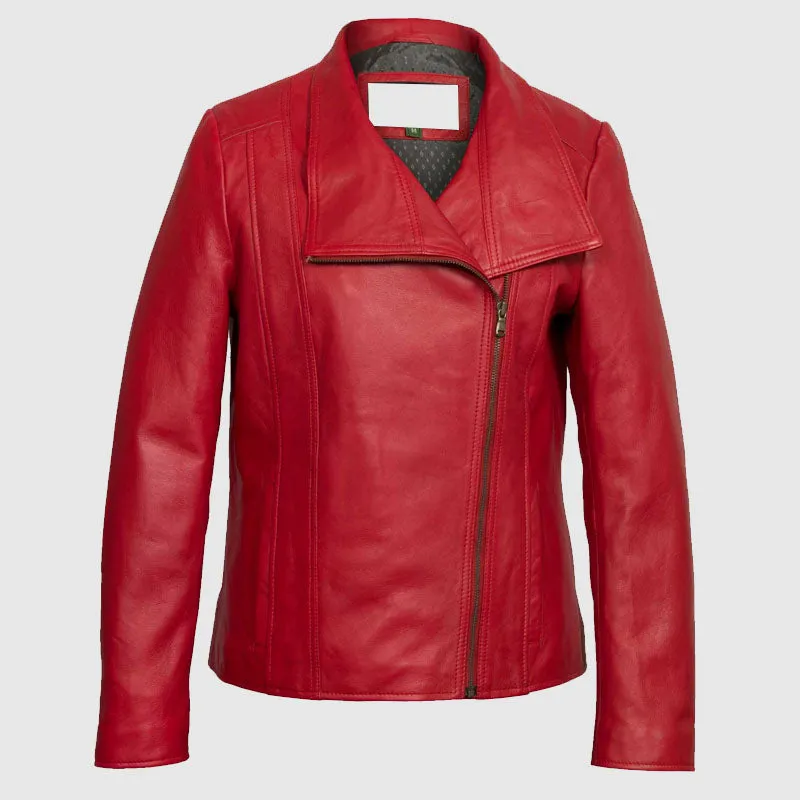 Women Red Leather Biker Jacket High Quality